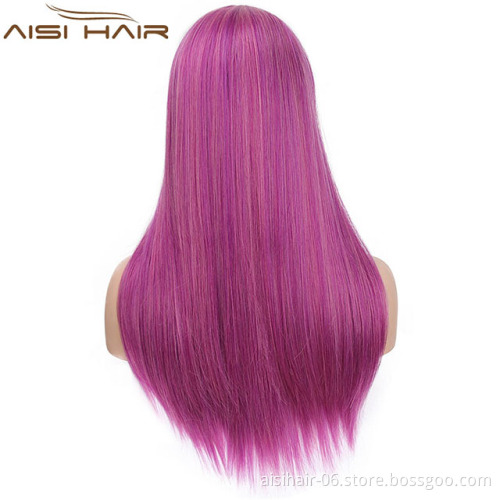 Top Quality Purple Wigs For Women With Bangs Synthetic Long Silky Straight Wave Wig
